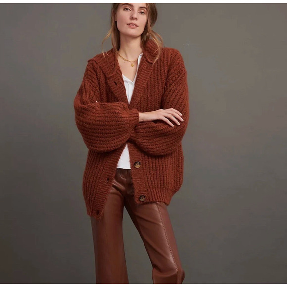 Anthropologie Maeve Naomi Sweater Cardigan Womens Large Brown Hooded Chunky Knit - Picture 2 of 16